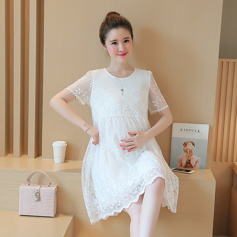 Summer Maternity Dress, Korean Lace Crochet Flower Shirt