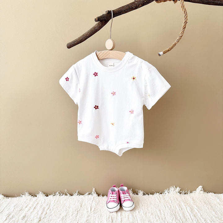 Girls' Floral Embroidery Casual Crew Neck Jumpsuit